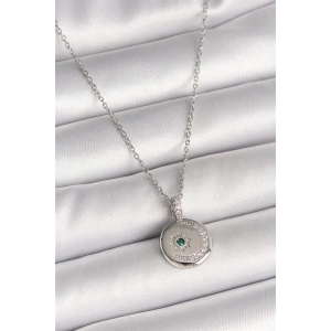 316L Çelik Gümüş Renk Zincir Madalyon Zirkon Taşlı İşlemeli Hilal Yıldız Model Kadın Kolye