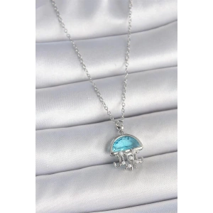 316L Çelik Gümüş Renk Zincir Mavi Taşlı Deniz Anası Model İnci Detay Kadın Kolye