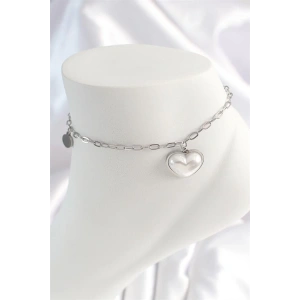 316L Çelik Gümüş Renk Zincir Model 3D Kalp Beyaz Kalp Figür Kadın HalHal