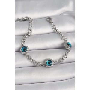 316L Çelik Gümüş Renk Zincir Model Nazar Boncuklu Kadın Bileklik