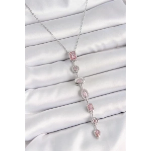 316L Çelik Gümüş Renk Zincir Pembe Zirkon Taşlı Y Model Dekolte Kadın Kolye