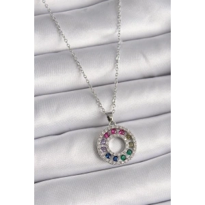 316L Çelik Gümüş Renk Zincir Renkli Zirkon Taşlı Madalyon Model Kadın Kolye