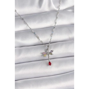 316L Çelik Gümüş Renk Zincir Renkli Zirkon Taşlı Yusufçuk Model Kadın Kolye