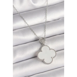 316L Çelik Gümüş Renk Zincir Zirkon Taş Detaylı Beyaz Yonca Model Kadın Kolye
