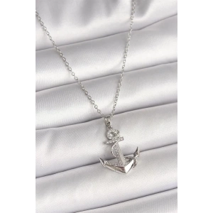 316L Çelik Gümüş Renk Zincir Zirkon Taş Detaylı Çapa Model Kadın Kolye