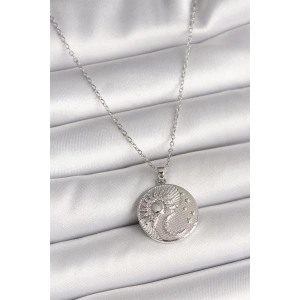 316L Çelik Gümüş Renk Zincir Zirkon Taşlı Ay Güneş İşlemeli Madalyon Model Kadın Kolye