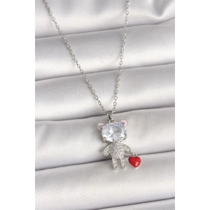 316L Çelik Gümüş Renk Zincir Zirkon Taşlı Ayıcık Model Kırmızı Kalp Detay Kadın Kolye