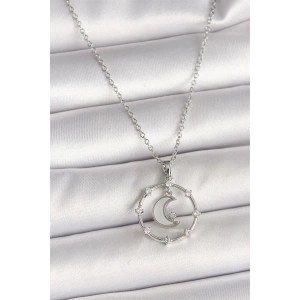 316L Çelik Gümüş Renk Zincir Zirkon Taşlı Beyaz Mineli Hilal Model Kadın Kolye