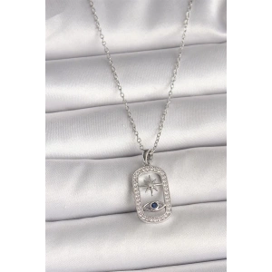 316L Çelik Gümüş Renk Zincir Zirkon Taşlı Göz Yıldız Model Kadın Kolye