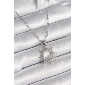 316L Çelik Gümüş Renk Zincir Zirkon Taşlı Güneş Model Kadın Kolye