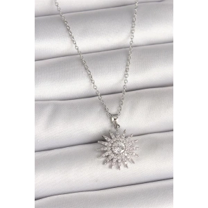 316L Çelik Gümüş Renk Zincir Zirkon Taşlı Güneş Model Kadın Kolye