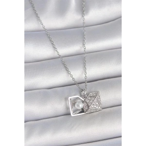 316L Çelik Gümüş Renk Zincir Zirkon Taşlı İncili Açılır Elmas Model Kadın Kolye