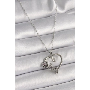 316L Çelik Gümüş Renk Zincir Zirkon Taşlı Kalp Figür Gül Detay Kadın Kolye