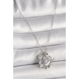 316L Çelik Gümüş Renk Zincir Zirkon Taşlı Kalp Figür Gül Detay Kadın Kolye