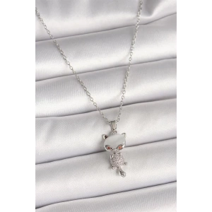 316L Çelik Gümüş Renk Zincir Zirkon Taşlı Kedi Model Kadın Kolye