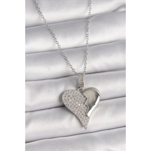 316L Çelik Gümüş Renk Zincir Zirkon Taşlı Kırık Kalp Model Kadın Kolye
