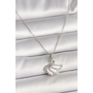 316L Çelik Gümüş Renk Zincir Zirkon Taşlı Kuğu Model Kadın Kolye