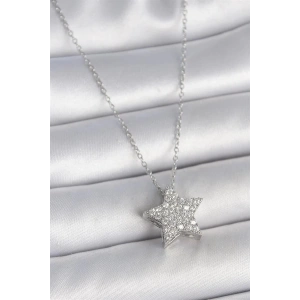 316L Çelik Gümüş Renk Zincir Zirkon Taşlı Yıldız Model Kadın Kolye