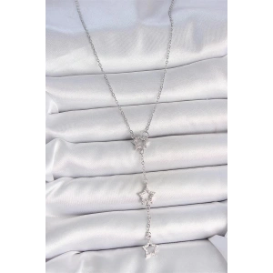 316L Çelik Gümüş Renk Zincir Zirkon Taşlı Yıldız Y Model Kadın Kolye