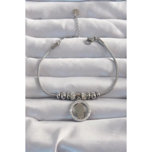 316L Çelik Gümüş Renk Zirkon Taş Aksesuarlı Fatma Ana Eli Bileklik