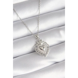 316L Çelik Gümüş Renk Zirkon Taş Detay Taç Kalp Model Kadın Kolye