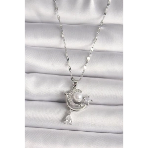 316L Çelik Gümüş Renk Zirkon Taşlı Ay Yıldız Sallantı Detay Kadın Kolye