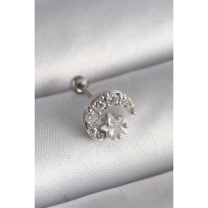 316L Çelik Gümüş Renk Zirkon Taşlı Ay Yıldız Tragus Piercing