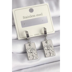 316L Çelik Gümüş Renk Zirkon Taşlı Göz İşleme Detaylı Plaka Model Kadın Küpe