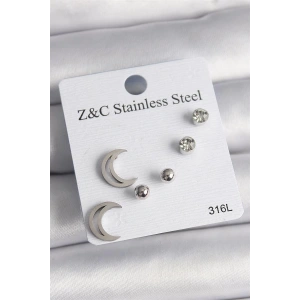 316L Çelik Gümüş Renk Zirkon Taşlı Hilal Model Kadın Küpe Seti