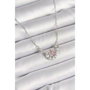 316L Çelik Gümüş Renk Zirkon Taşlı Hilal Pembe Kalp Model Kadın Kolye