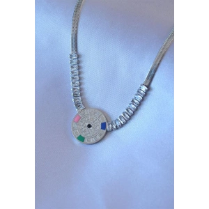 316L Çelik Gümüş Renk Zirkon Taşlı İtalyan Zincir Burç İşeleme Madalyon Model Kadın Kolye