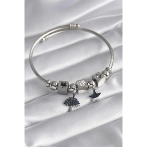 316L Çelik Gümüş Renk Zirkon Taşlı Kalp Detay Yaşam Ağacı Figür Charm Model Kadın Bileklik