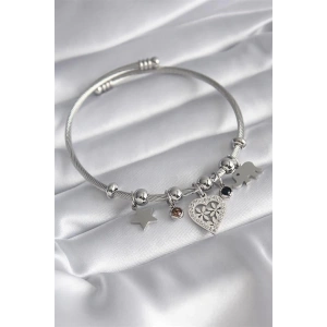 316L Çelik Gümüş Renk Zirkon Taşlı Kalp Figür Fil Detay Charm Model Kadın Bileklik