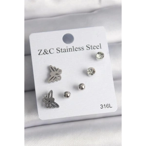 316L Çelik Gümüş Renk Zirkon Taşlı Kelebek Model Kadın Küpe Seti