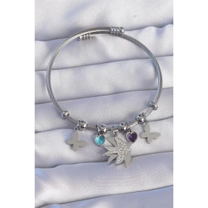 316L Çelik Gümüş Renk Zirkon Taşlı Kuş Tasarımlı Kelebek Detay Charm Bileklik