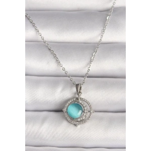 316L Çelik Gümüş Renk Zirkon Taşlı Mavi Sedefli Hilal Model Kadın Kolye