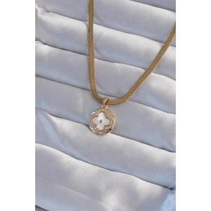 316L Çelik İtalyan Zincirli Gold Renk Zirkon Taşlı Sedefli Yonca Model Kolye