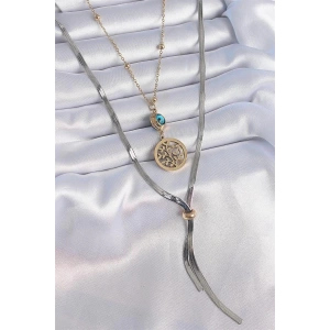 316L Çelik Mix Renk Filiz Figür Nazar Boncuk Detay Uzun Kadın Kolye