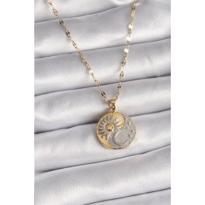 316L Çelik Mix Renk Zincir Zirkon Taşlı Gün Doğumu/Batımı Madalyon Model Kadın Kolye
