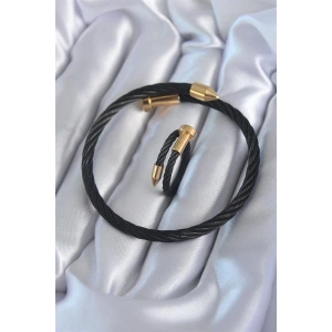 316L Çelik Siyah Renk Gold Detay Sarmal Model Erkek Bileklik Yüzük Kombini