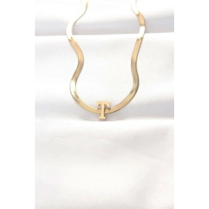 316L Çelik T Harfli Gold Renk İtalyan Zincirli Kolye