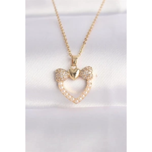 316L Çelik Zincir Altın Renk İnci Taş Detay Zirkon Taşlı Kalp Kolye