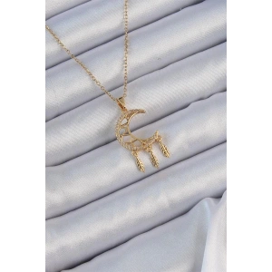 316L Çelik Zincir Altın Renk İşlemeli Zirkon Taşlı Ay Kolye