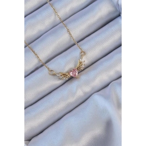316L Çelik Zincir Altın Renk Kanatlı Pembe Zirkon Taşlı Kalp Kolye