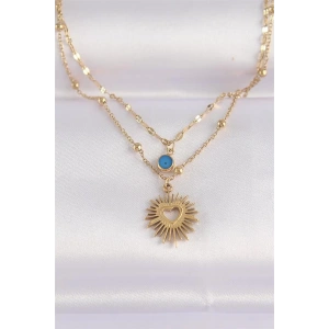 316L Çelik Zincir Altın Renk Nazar Boncuk Detay Kalp Güneşi Kolye