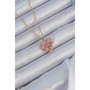 316L Çelik Zincir Altın Renk Pembe Parçalı Zirkon Taşlı Kalp Kolye
