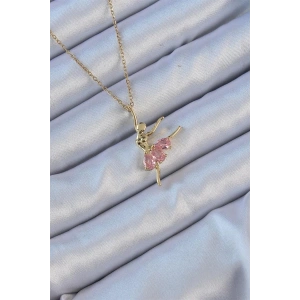 316L Çelik Zincir Altın Renk Pembe Zirkon Taşlı Balerin Kolye