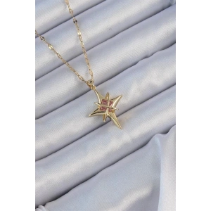 316L Çelik Zincir Altın Renk Pembe Zirkon Taşlı Kutup Yıldızı Kolye