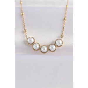 316L Çelik Zincir Altın Renk Sıralı İnci Taşlı Kolye