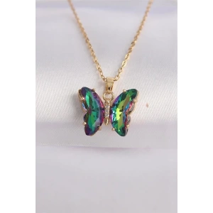 316L Çelik Zincir Altın Renk Zincir Yeşil Kelebek Model Renkli Zirkon Taşlı Kolye